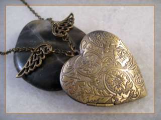 Angel Wing Heart Brass Picture Locket Pendant Necklace  