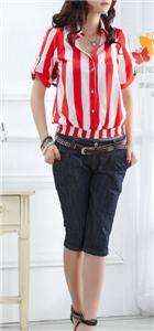 Classy stripe smocked waist design blouse Tee top shirt  