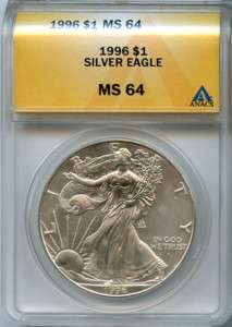 1996 $1 Silver American Eagle Dollar MS 64 Anacs Cert  