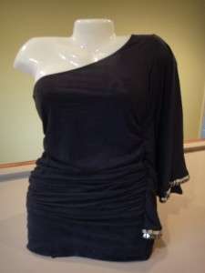 Bebe 2b NEW One Shoulder Black Faux Suede Dress Shirt Top Blouse XS S 