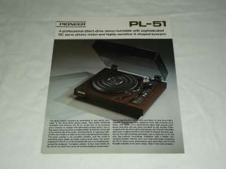 Pioneer PL 51 Stereo Turntable Catalog Brochure XRare  