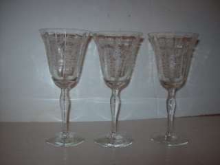 TALL VINTAGE ETCHED FLOWERED PEDISTAL WINE GLASSES  