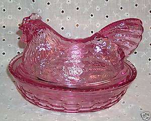   POTTERY PINK COVERED HAND CRAFTED GLASS HEN DISH EASTER BASKET NEW