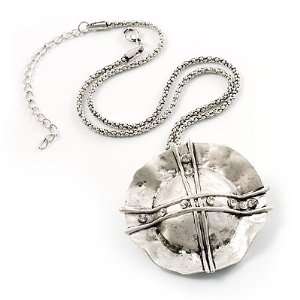 Ethnic Hammered Dome Shaped Crystal Pendant (Silver Tone 