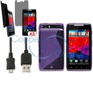 Purple TPU Gel Skin+3x Privacy Filter+Data cable For Motorola Droid 