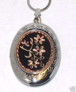 BLACK FLORAL DESIGN SILVER LOCKET NECKLACE JEWELRY NEW  