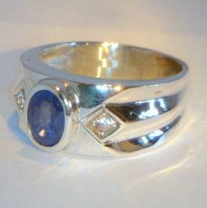 Mens Blue and White Sapphire Handmade Sterling Silver Gents Ring size 
