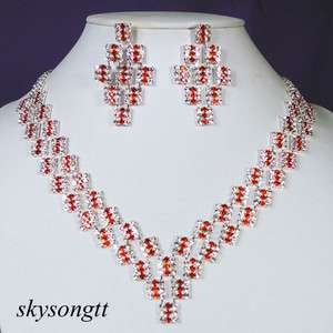   Red Clear Crystal Rhinestone Bridal Necklace Earrings Set P013R  