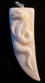 Carved Ox Bone Cobra Snake Fang Tooth Intricate Pendant  