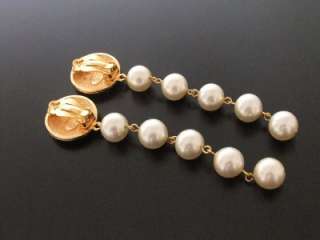 Authentic Chanel Vintage pearl drop long clip earrings  