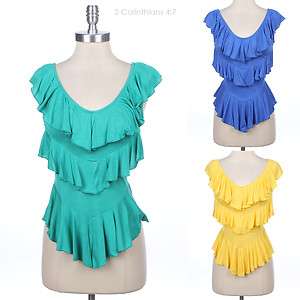 Ruffle Tiered Sleeveless Solid Plain Tank Top with Tie String Back 