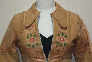 WOMENS VTG HAND MADE TOOLED CHAR LEATHER JACKET sz S  