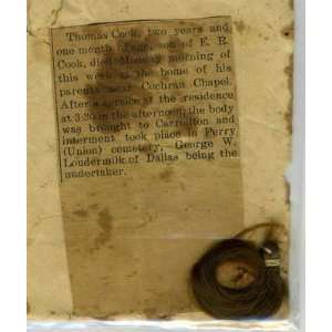  Childs Obituary and Lock of Childs Hair 1930s Dallas 