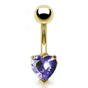  Gold Plated Belly Button Navel Ring with Purple Cz Heart 