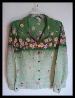 Vtg 70s Retro funky Hipster Polyester Shirt Green Garden Printl L XL 