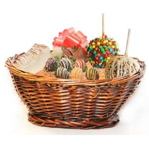 gift basket with a 3 layer apple, 6 Pretzels, and 6 chocolate covered 