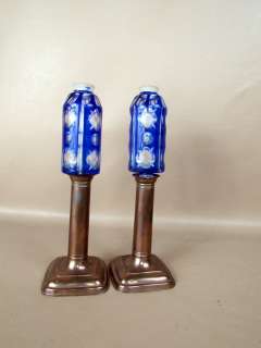 Antique 19c. Period American Pair of Sandwich Overlay Glass Peg Lamps 
