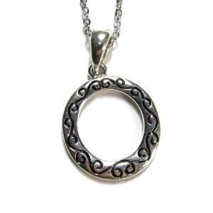  Open Circle with Floral Pattern Silver Pendant on Chain 