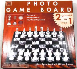 Melannco Glass Chess/Checkers Photo Game Board NIB $40  