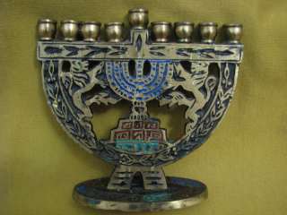 LIONS of JERUSALEM ~ Rare Miniature Colored Brass Hanukkah Menorah 