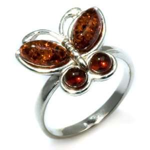 Honey Baltic Amber and Sterling Silver Butterfly Ring Sizes 5,6,7,8,9 