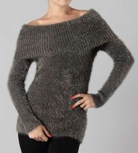   Grey Ultra Soft Cozy Long Sleeve Off Shoulder Sweater Top L*  