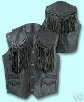 Mens Leather Motorcycle Vest w/Fringe, Braid & Lining  