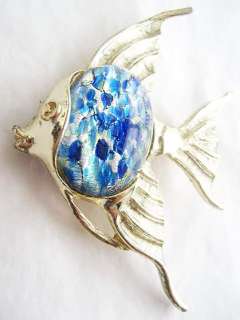 Vintage BLUE ART GLASS Cabochon ANGEL FISH PIN   Signed  