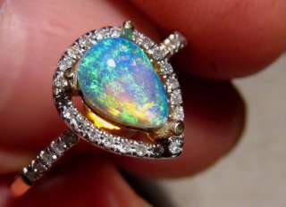 Beautiful Pear Cut Solid Opal & DIAMOND RING 14k Gold  