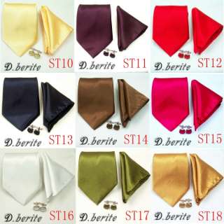 Men Tie Set Gift Solid Color Necktie Cufflink Hanky ST  