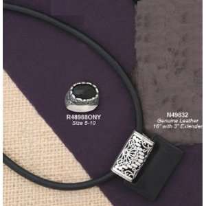 Silver Moon N49832 Sterling Silver Filigree Onyx Leather Cord Necklace 