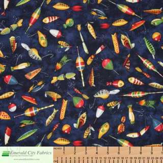 RJR Off the Hook Fish Fishing Lures Blue Cotton Quilt Quilting Fabric 