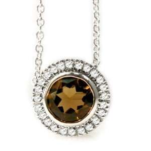  14K White Gold 16 Cable Chain Round Shape Smokey Topaz Color Stone 