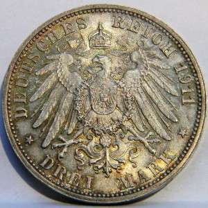 GERMANY, Empire Wurttemberg 1911 F Wedding Anniversary silver 3 Mark 