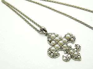 LARGE SILVER WITH PEARLS FLEUR DI LIS CROSS NECKLACE  