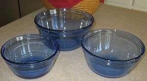 Set of 3 ANCHOR HOCKING Cobalt Blue Glass Serving Nesting Bowls MINT 