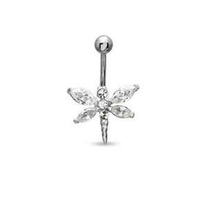 014 Gauge Dragonfly Belly Button Ring with Blue and White Crystals in 