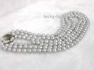 3row 7mm silver gray freshwater pearls necklace seashel  