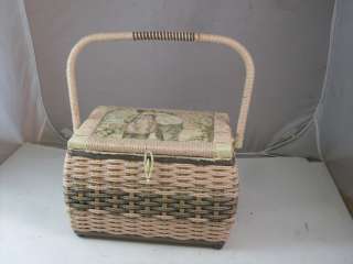 Wicker Storage Sewing Box Trinket Lined Embroidered Top  
