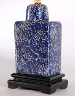   High Dark Blue & White Small Rectangular Porcelain Table Lamp  