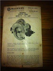 Vintage Rockwell Porter Cable Model 75 7 1/2 Circular Saw Case Manual 