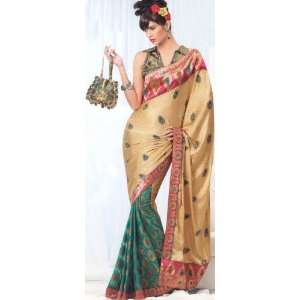 Fawn and Green Patli Designer Sari with Patch Border and Flowers Woven 