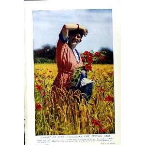  c1920 ENGLAND GIRL FIELD POPPIES FLOWER COLOUR PRINT
