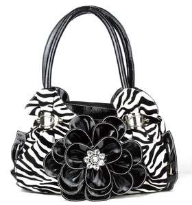 Black Zebra Flower Rhinestone Purse Handbag  