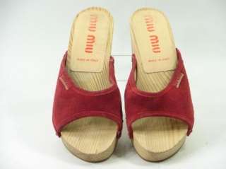   MIU PRADA Luxe Red Suede Platform Wood Open Toe Sandals Slides 7.5 M