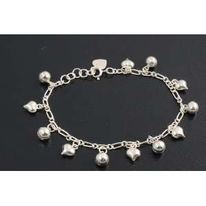  Sterling Silver Heart & Bell Charm Bracelet Jewelry