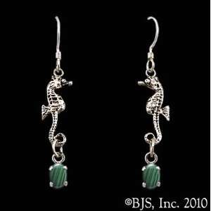 Seahorse Earrings with Gem, Sterling Silver, Malachite set gemstone 
