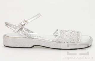 Chanel Metallic Silver Leather & Mesh Knit Sandals Size 40  