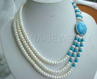3row 8mm white FW pearl and turquoise necklace  
