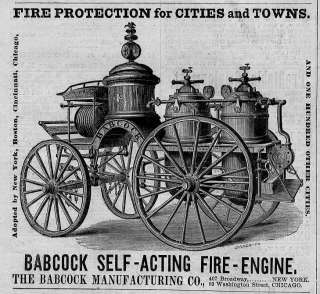 this genuine antique wood cut ad is titled babcock self acting fire 